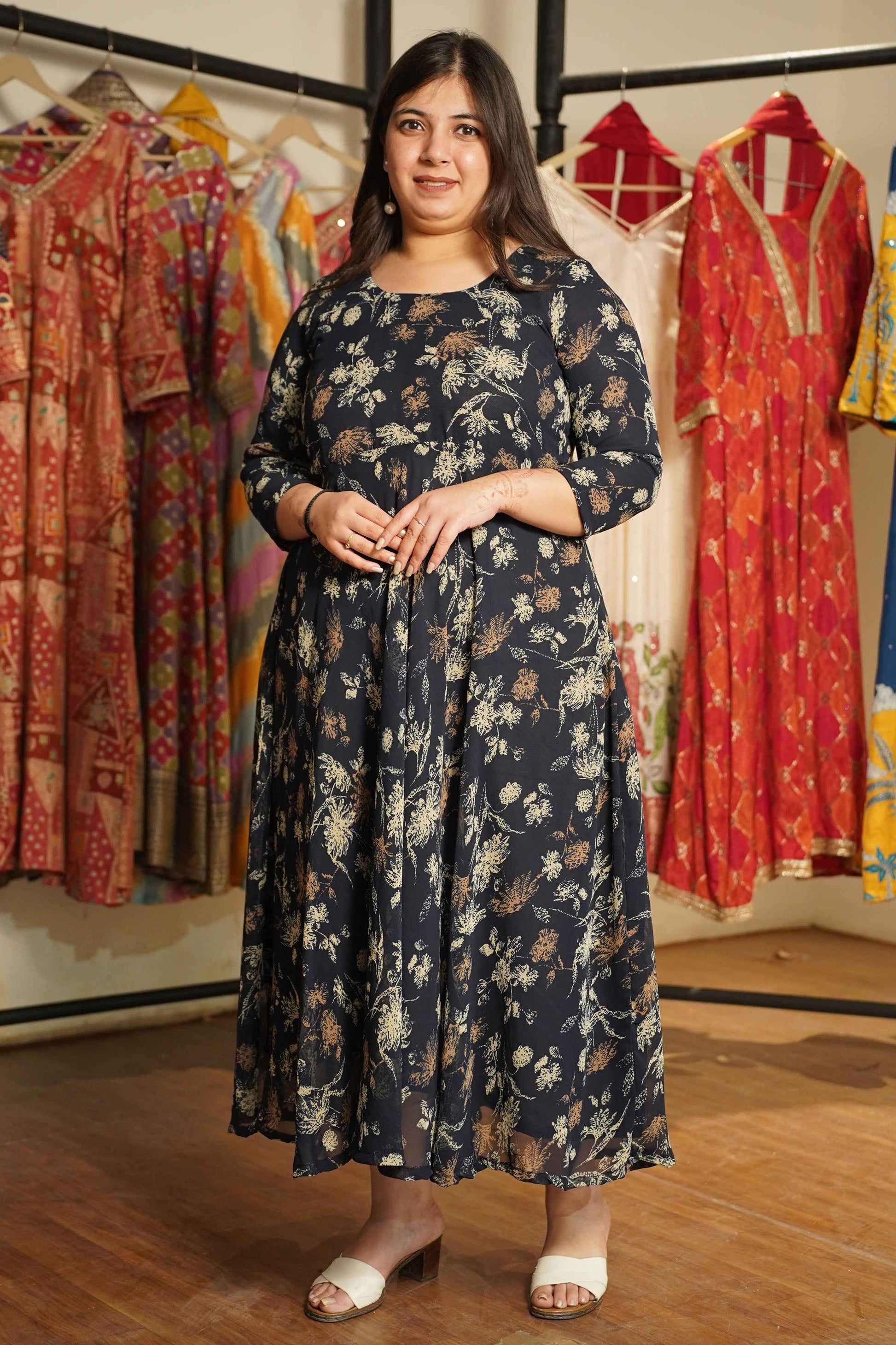 Midnight Sketch Printed Georgette Dress