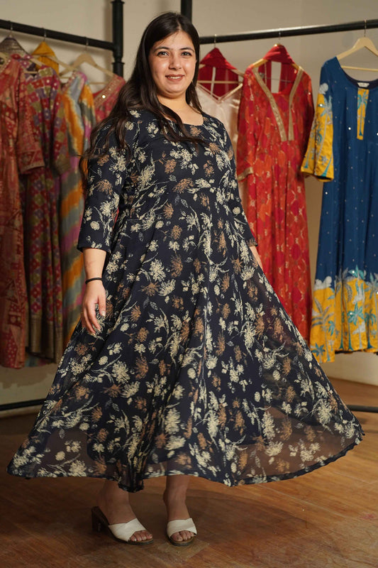 Midnight Sketch Printed Georgette Dress