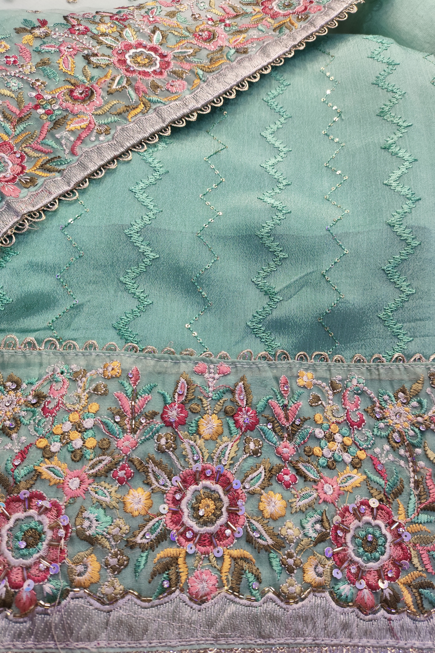 Mint Green Thread Embroidered Chinon Suit