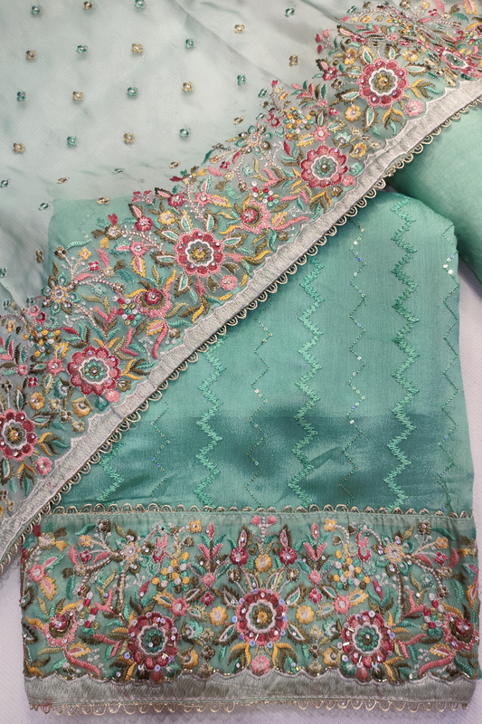 Mint Green Thread Embroidered Chinon Suit