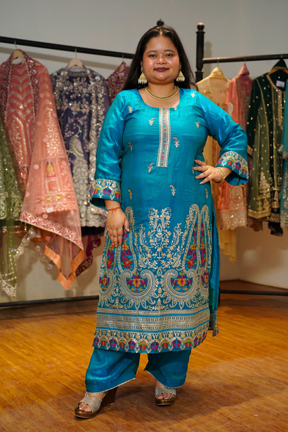 Miraya Blue Suit Set With Zari & Thread Embroidery