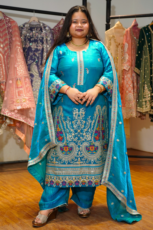 Miraya Blue Suit Set With Zari & Thread Embroidery