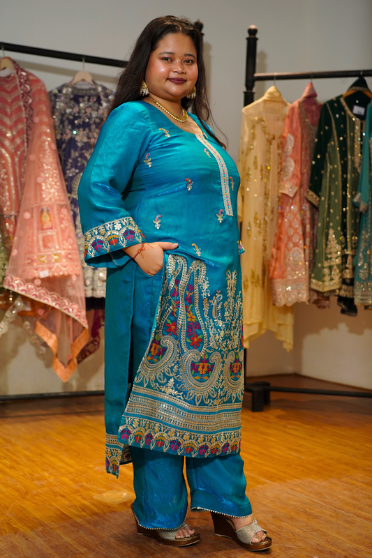 Miraya Blue Suit Set With Zari & Thread Embroidery
