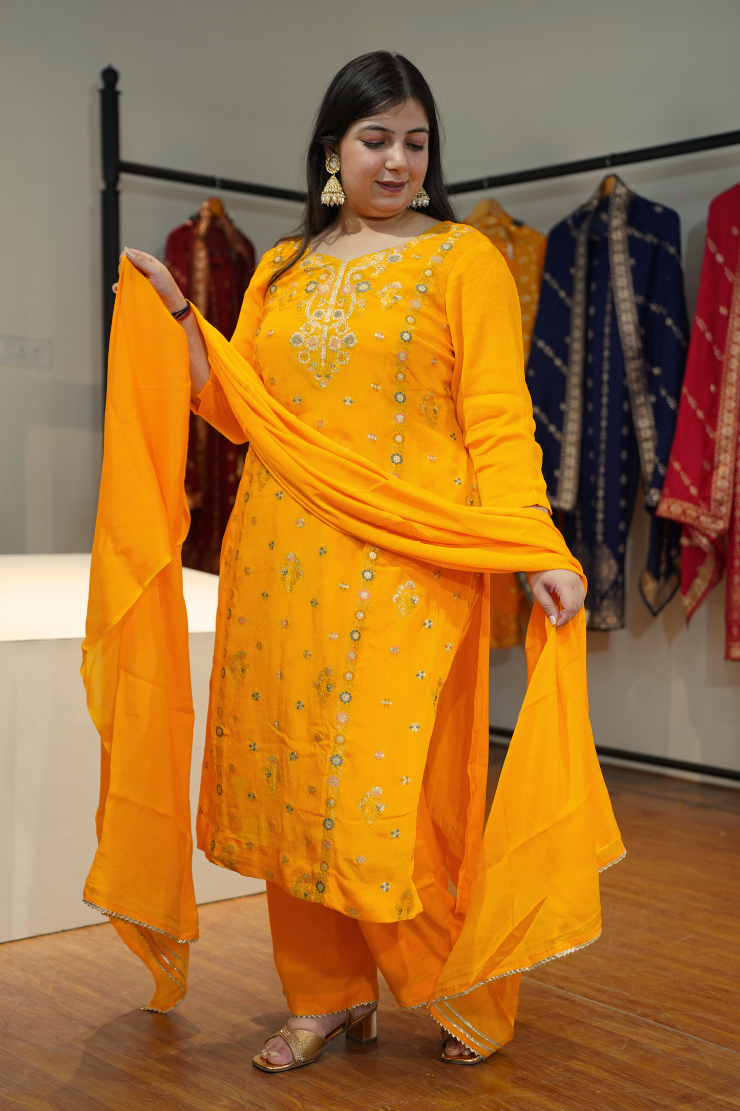 Amaltas Yellow Fancy Chinon Suit
