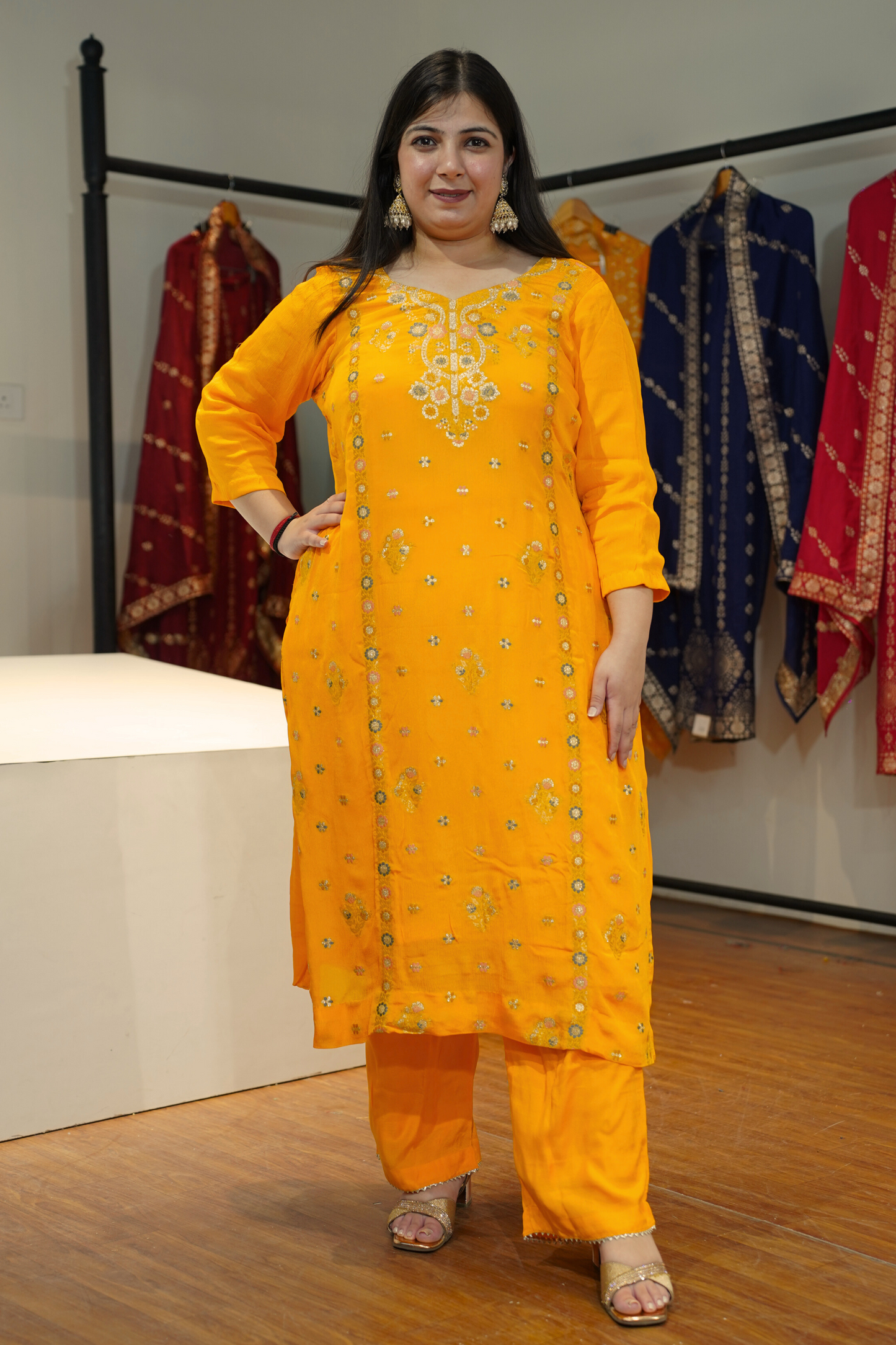 Amaltas Yellow Fancy Chinon Suit