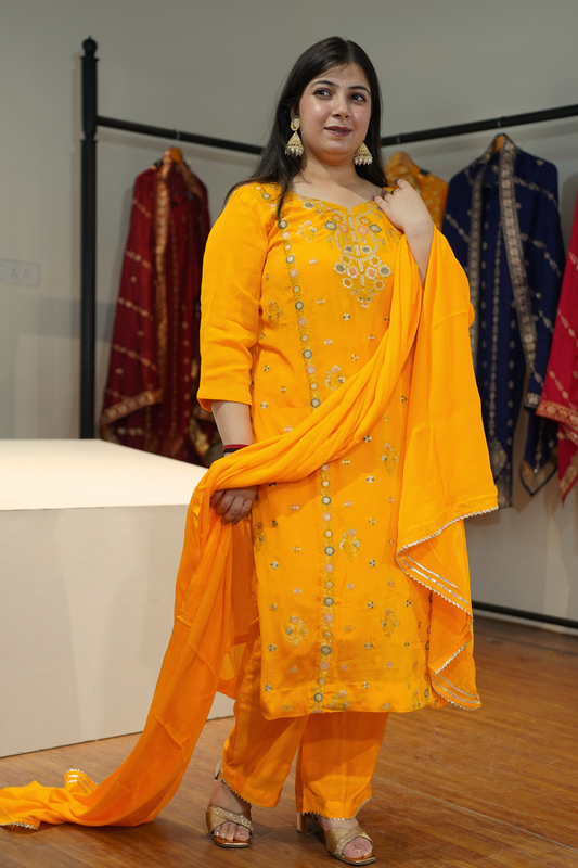 Amaltas Yellow Fancy Chinon Suit