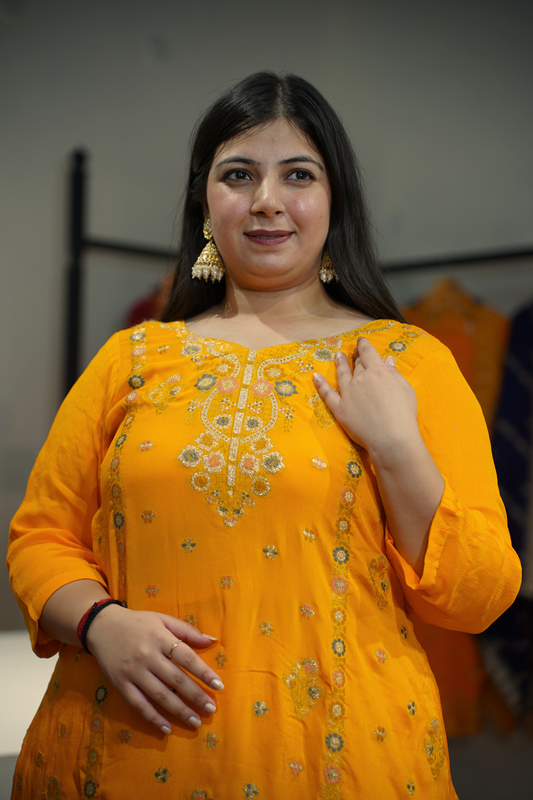 Amaltas Yellow Fancy Chinon Suit