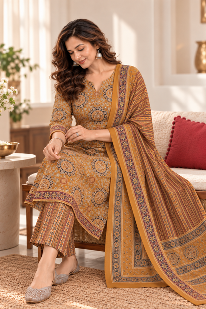 Kesariya Tea Cotton Suit Set