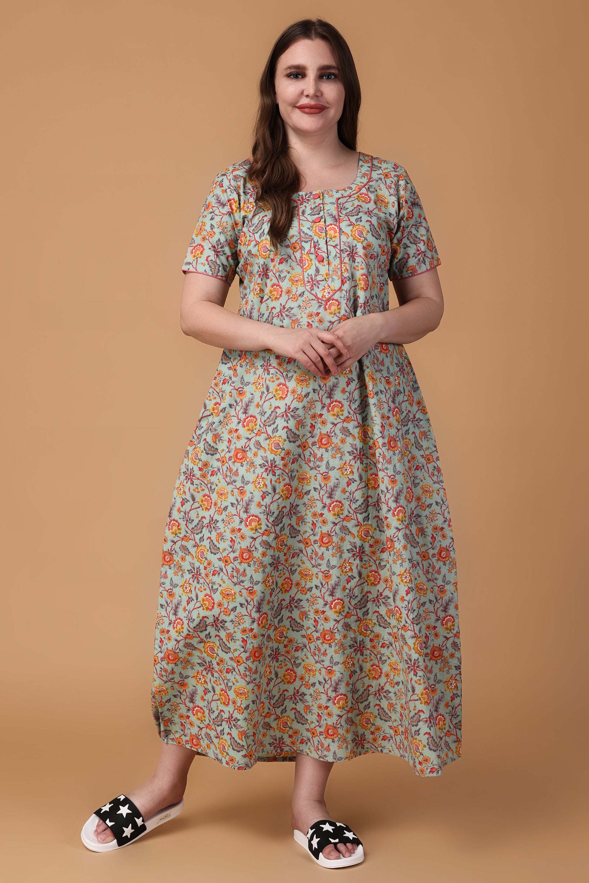 Women Plus  Size Muted Pista Floral Night Gown