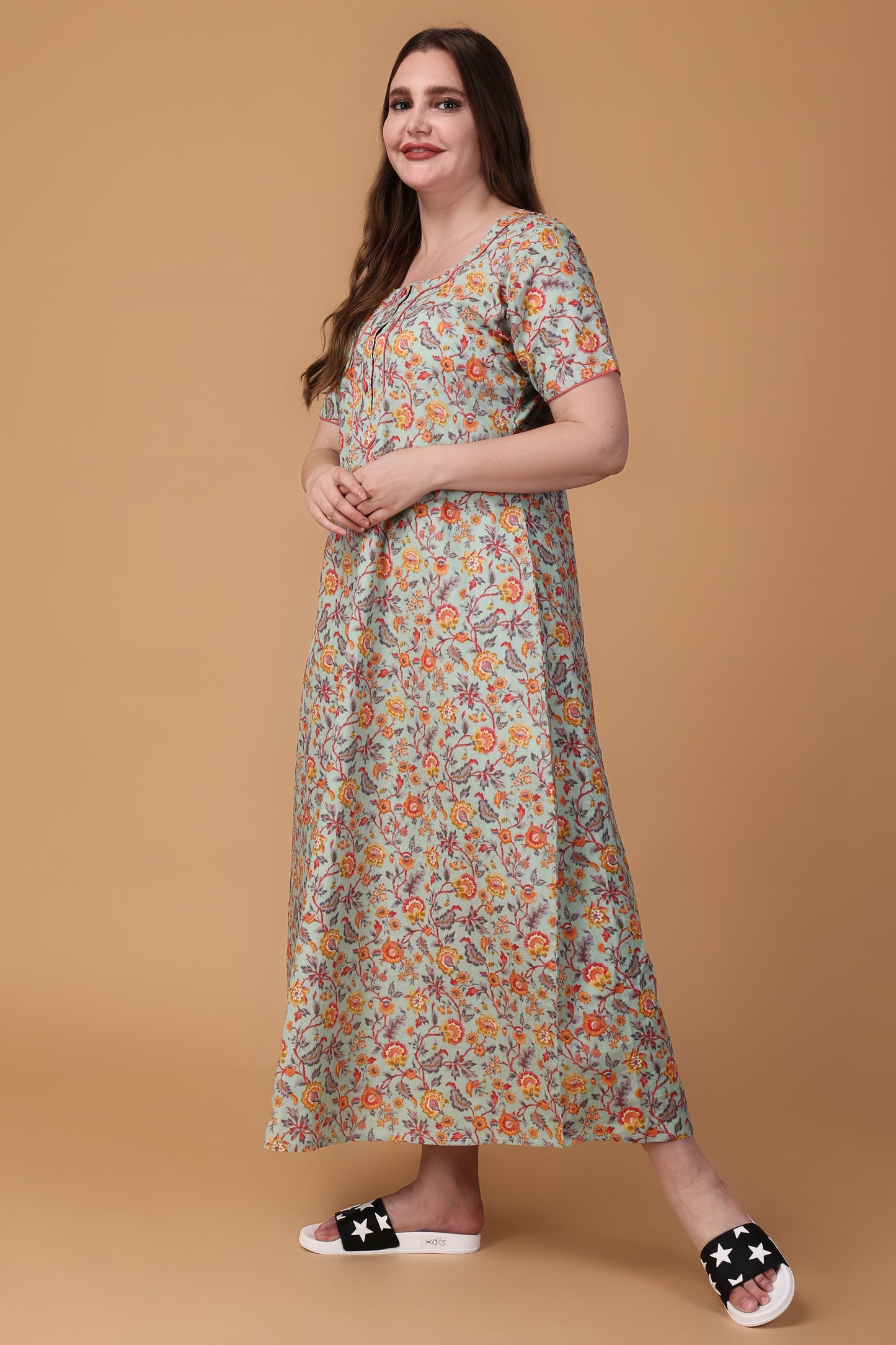 Women Plus Size Muted Pista Floral Night Gown