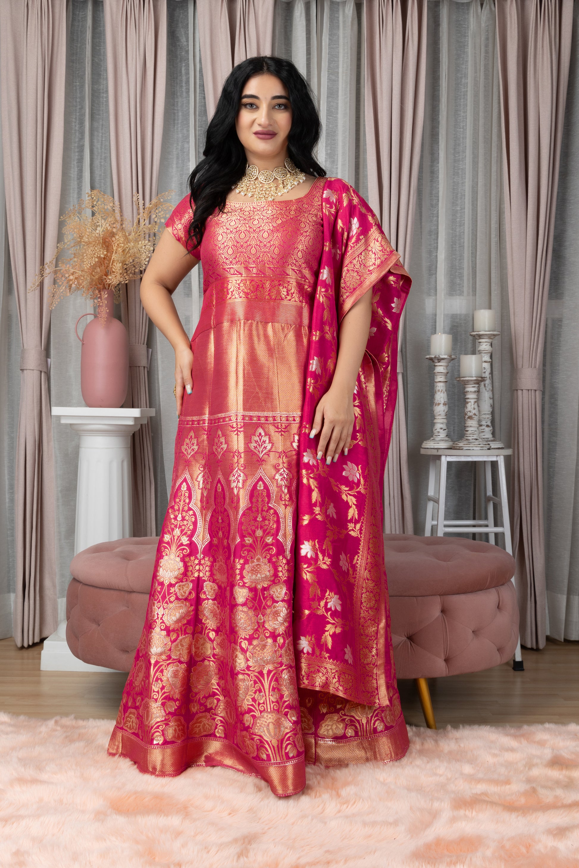 Women Plus Size Nav Shringar Jacquard Woven Silk Dress