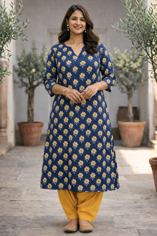 Blue Marigold Kali Kurta With Cotton Salwar