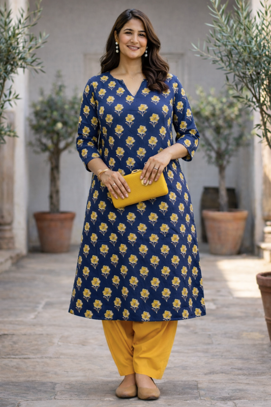 Blue Marigold Kali Kurta With Cotton Salwar
