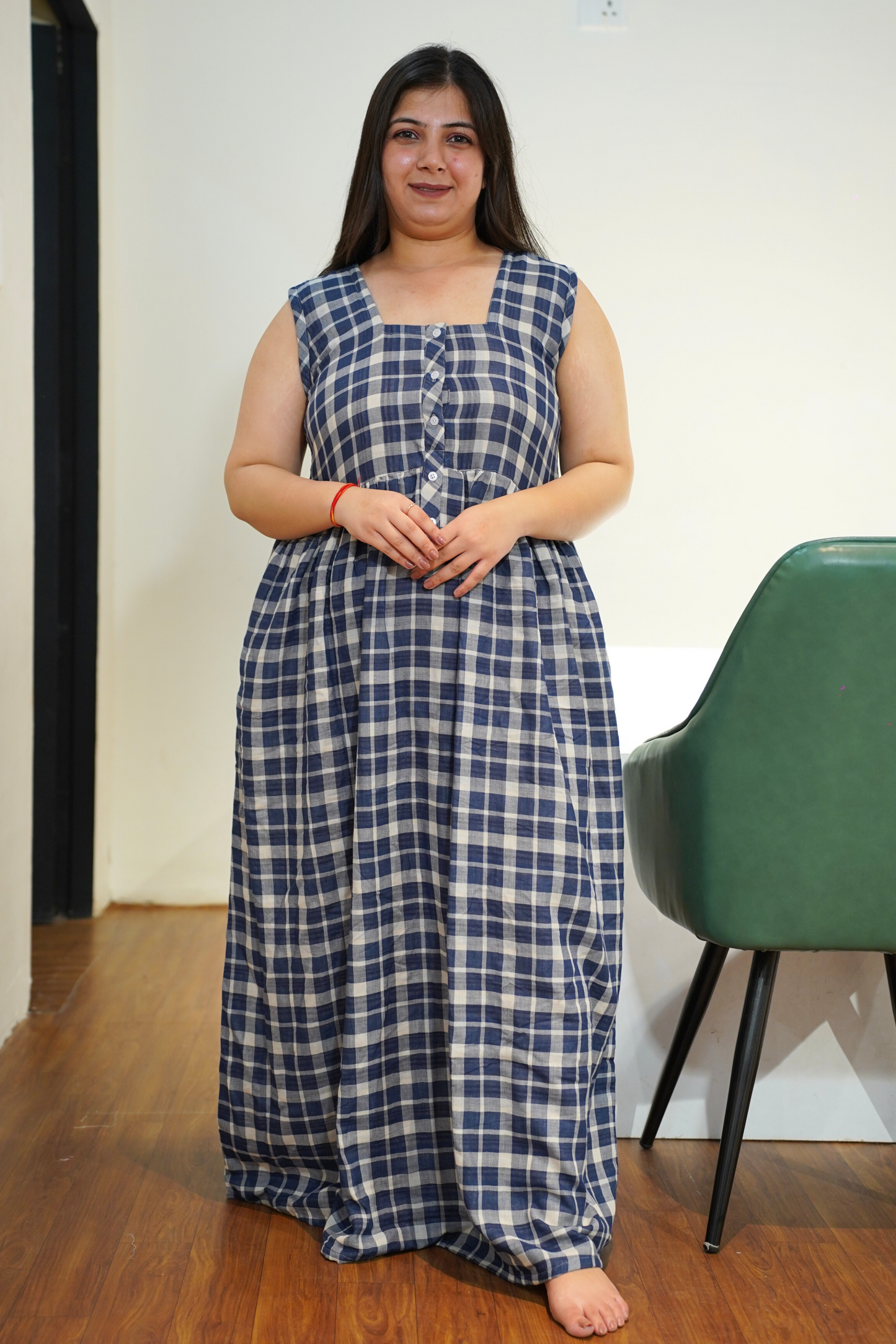 Navy Checked Cotton Night Gown