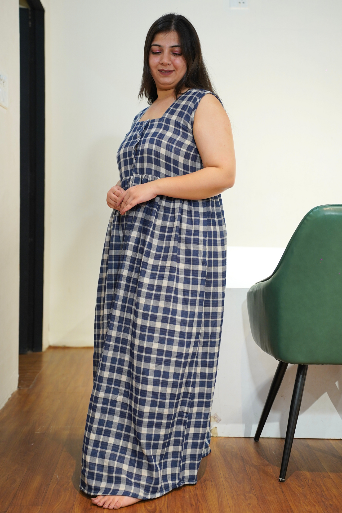 Navy Checked Cotton Night Gown