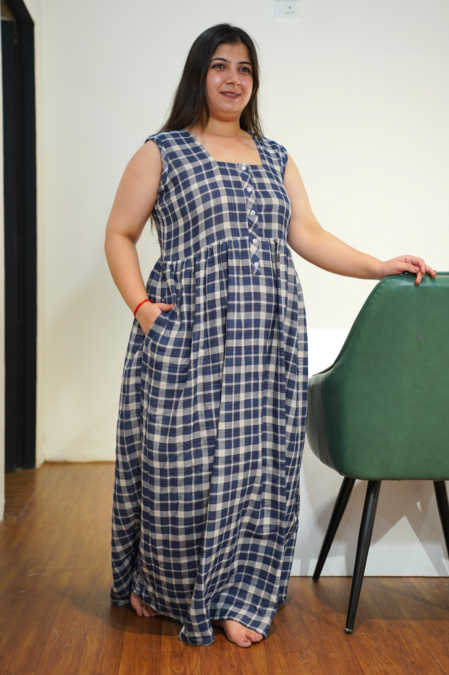 Navy Checked Cotton Night Gown