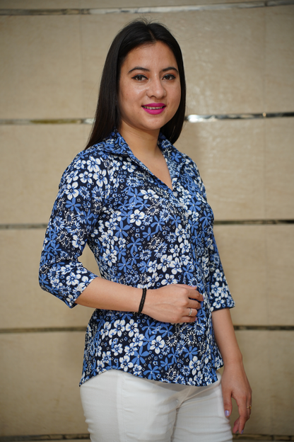 Indigo Floral Pleated Shirt