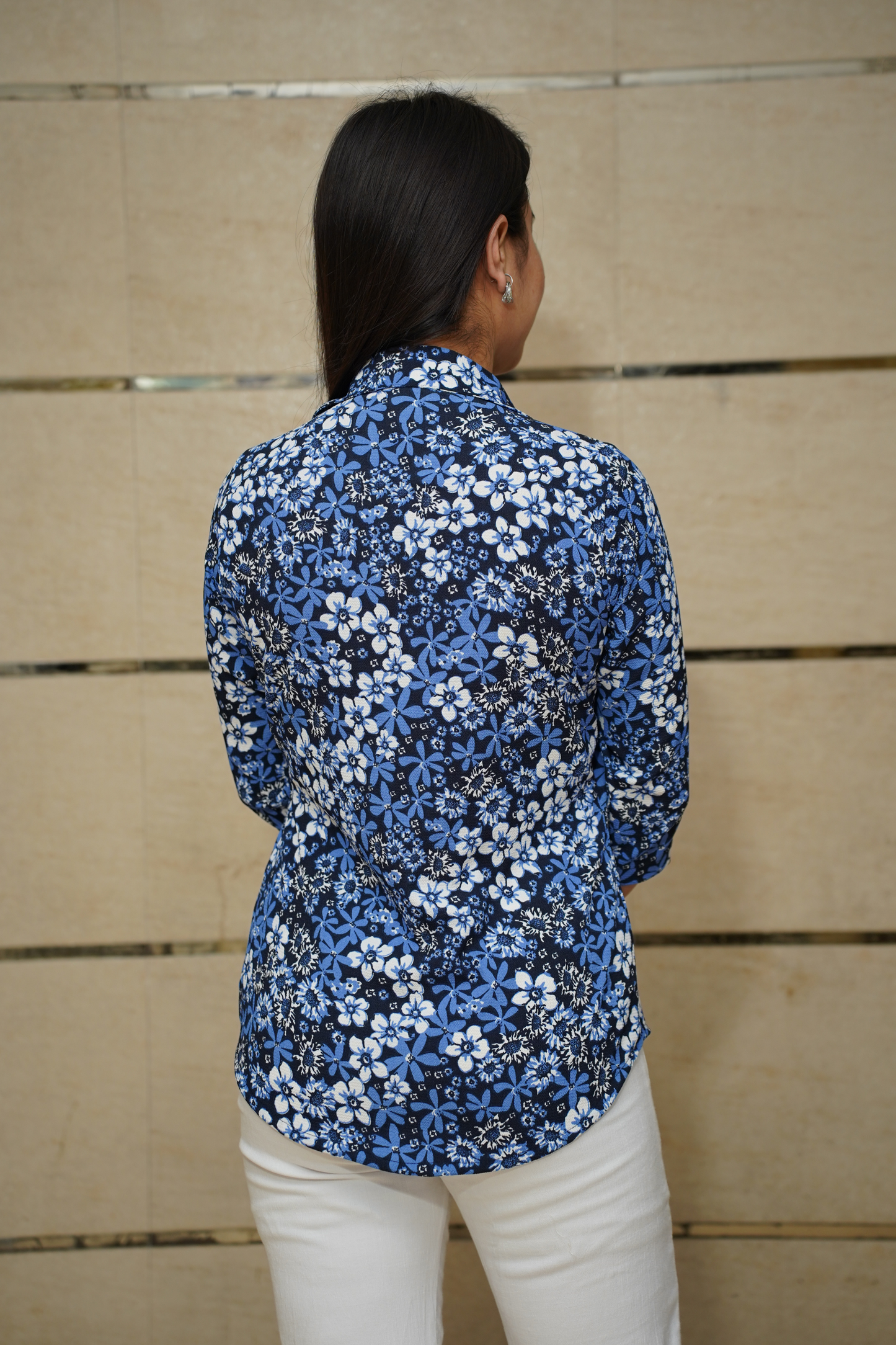 Indigo Floral Pleated Shirt