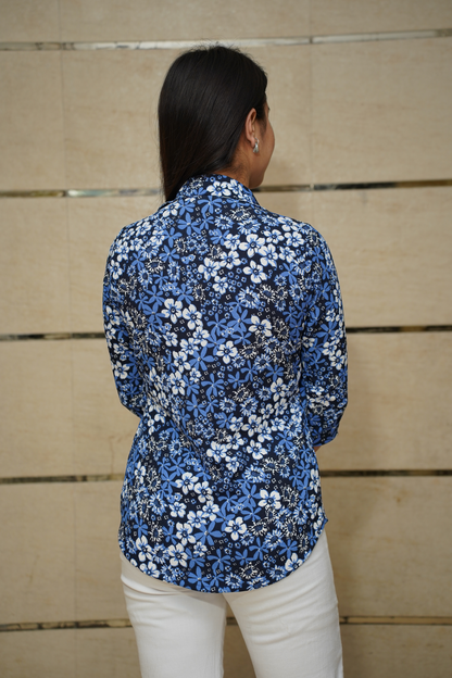 Indigo Floral Pleated Shirt