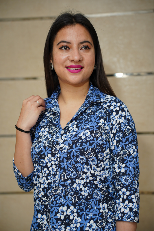 Indigo Floral Pleated Shirt