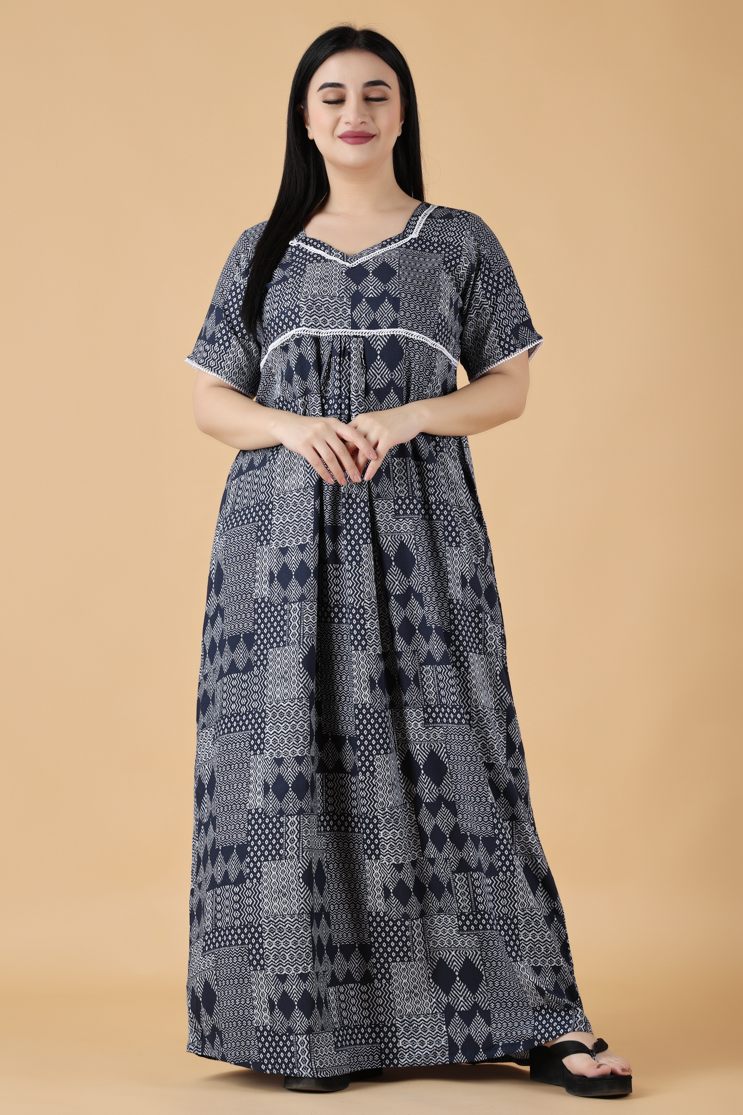 Navy Printed Rayon Night Gown