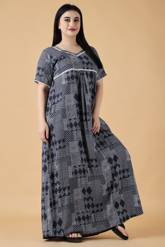 Navy Printed Rayon Night Gown