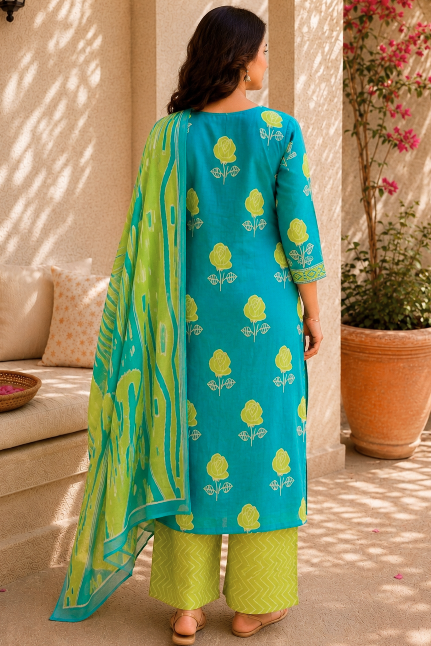 Limelit Aqua Cotton Straight Suit