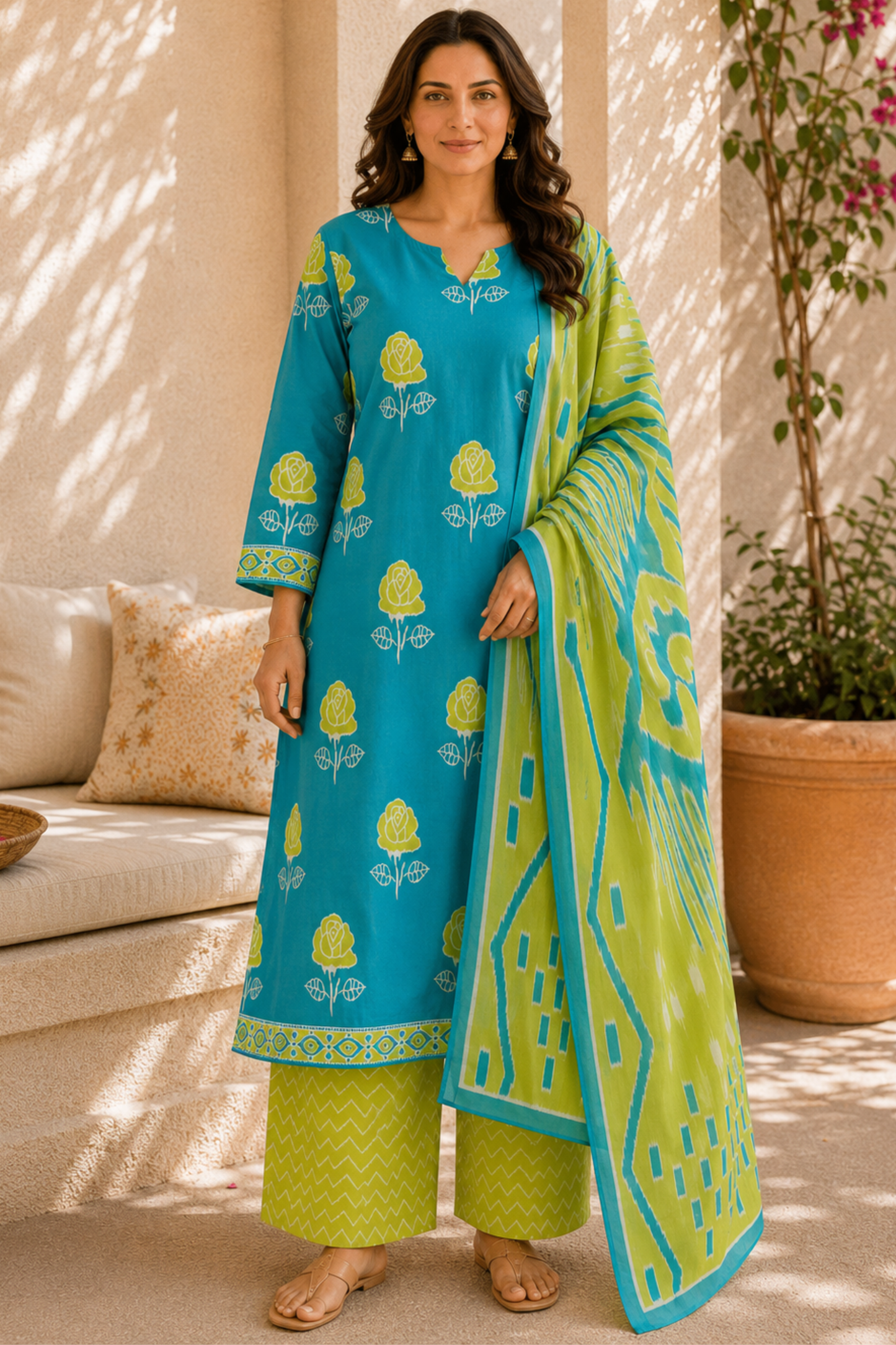 Limelit Aqua Cotton Straight Suit