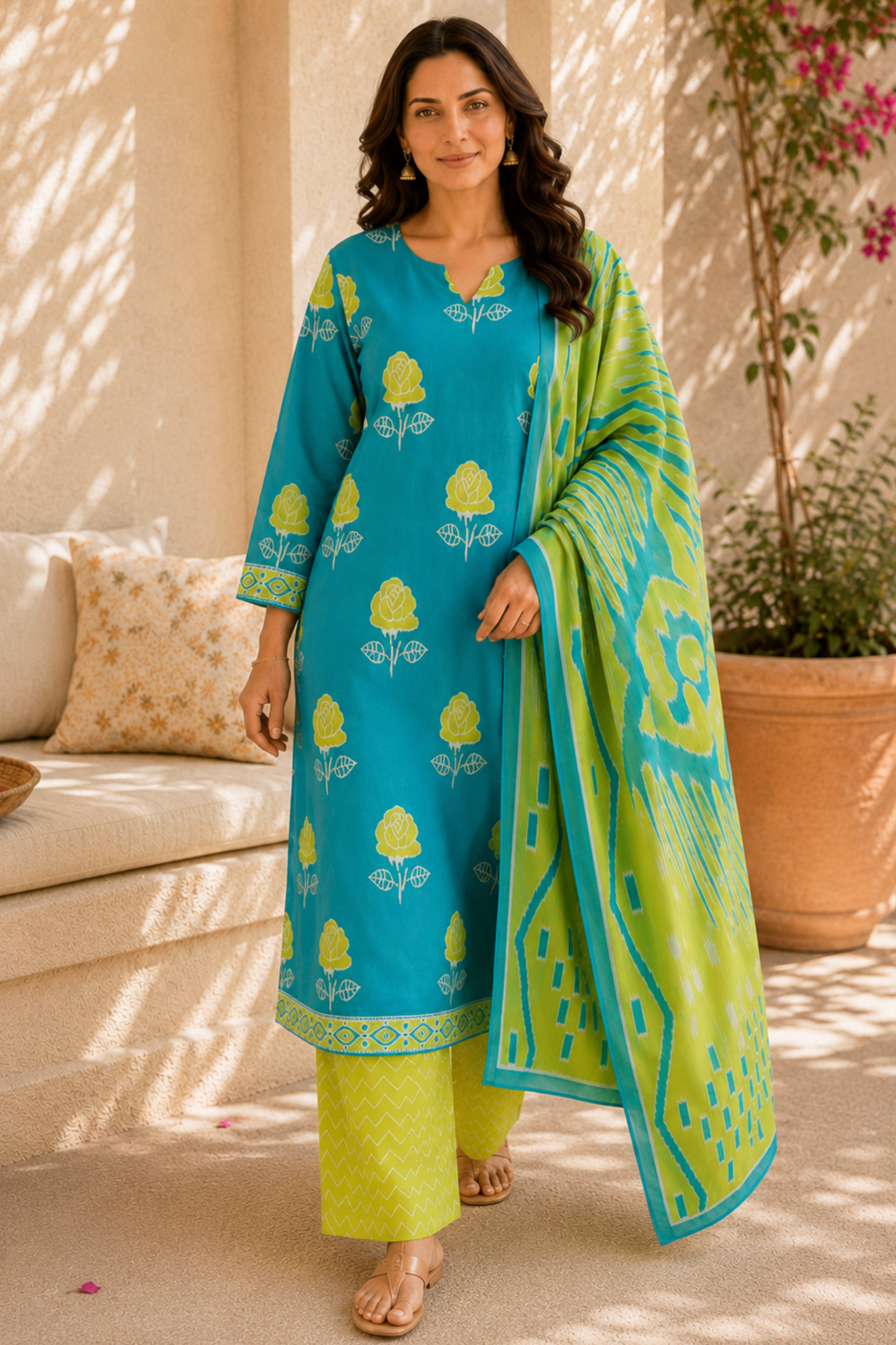 Limelit Aqua Cotton Straight Suit