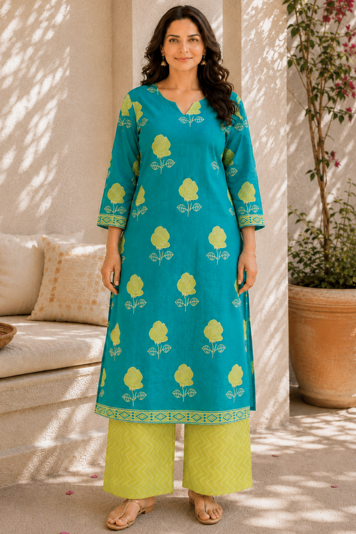 Limelit Aqua Cotton Straight Suit