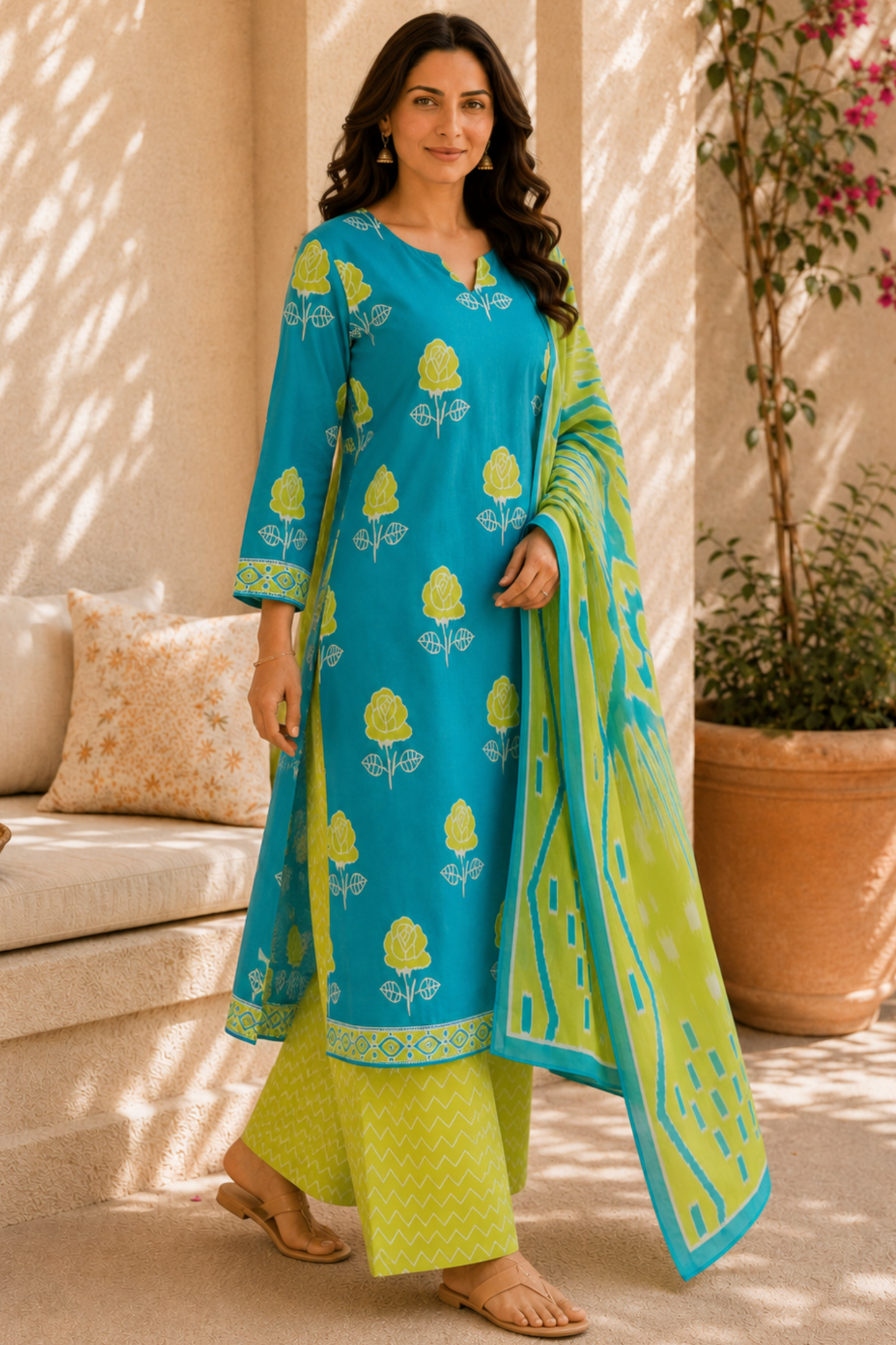 Limelit Aqua Cotton Straight Suit