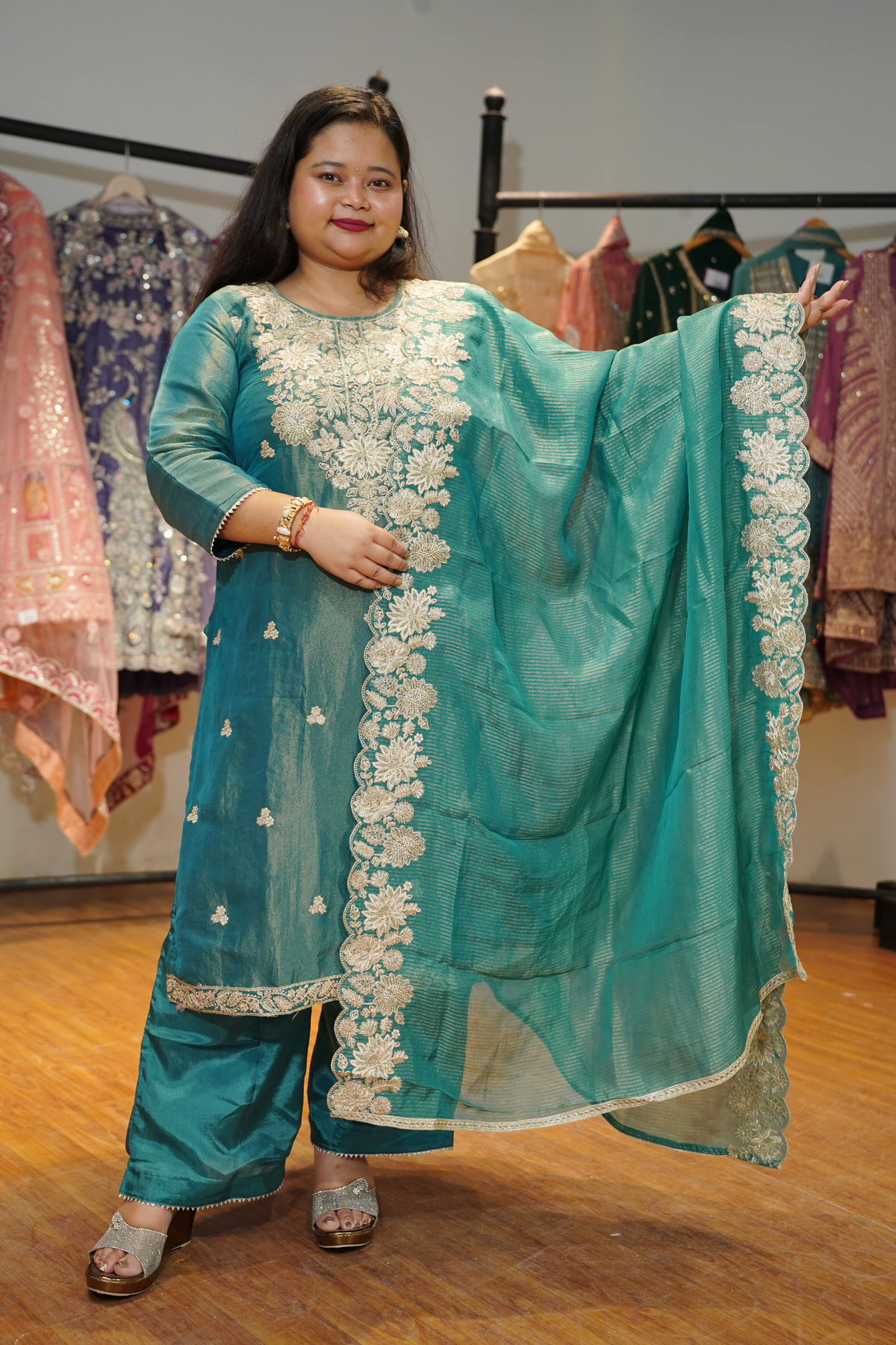 Nivisha Tissue Shimmer Suit With Zari Embroidery