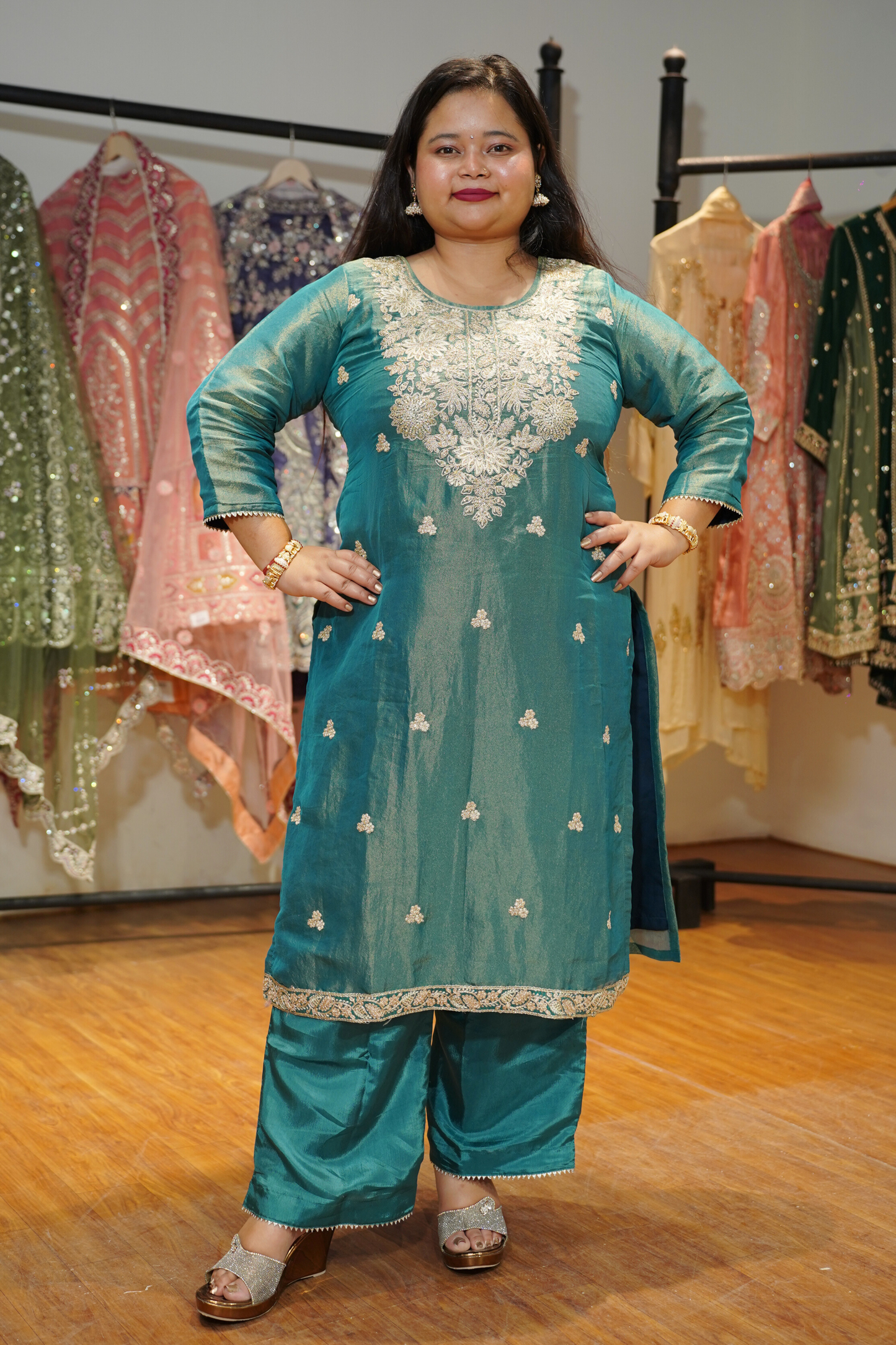 Nivisha Tissue Shimmer Suit With Zari Embroidery