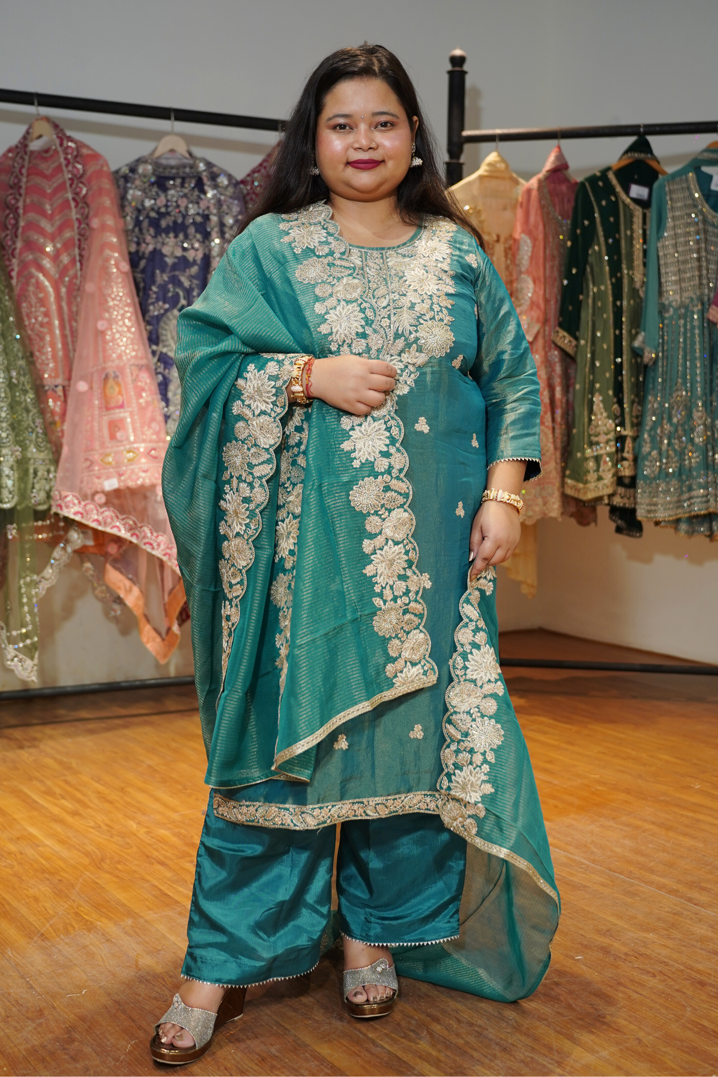 Nivisha Tissue Shimmer Suit With Zari Embroidery