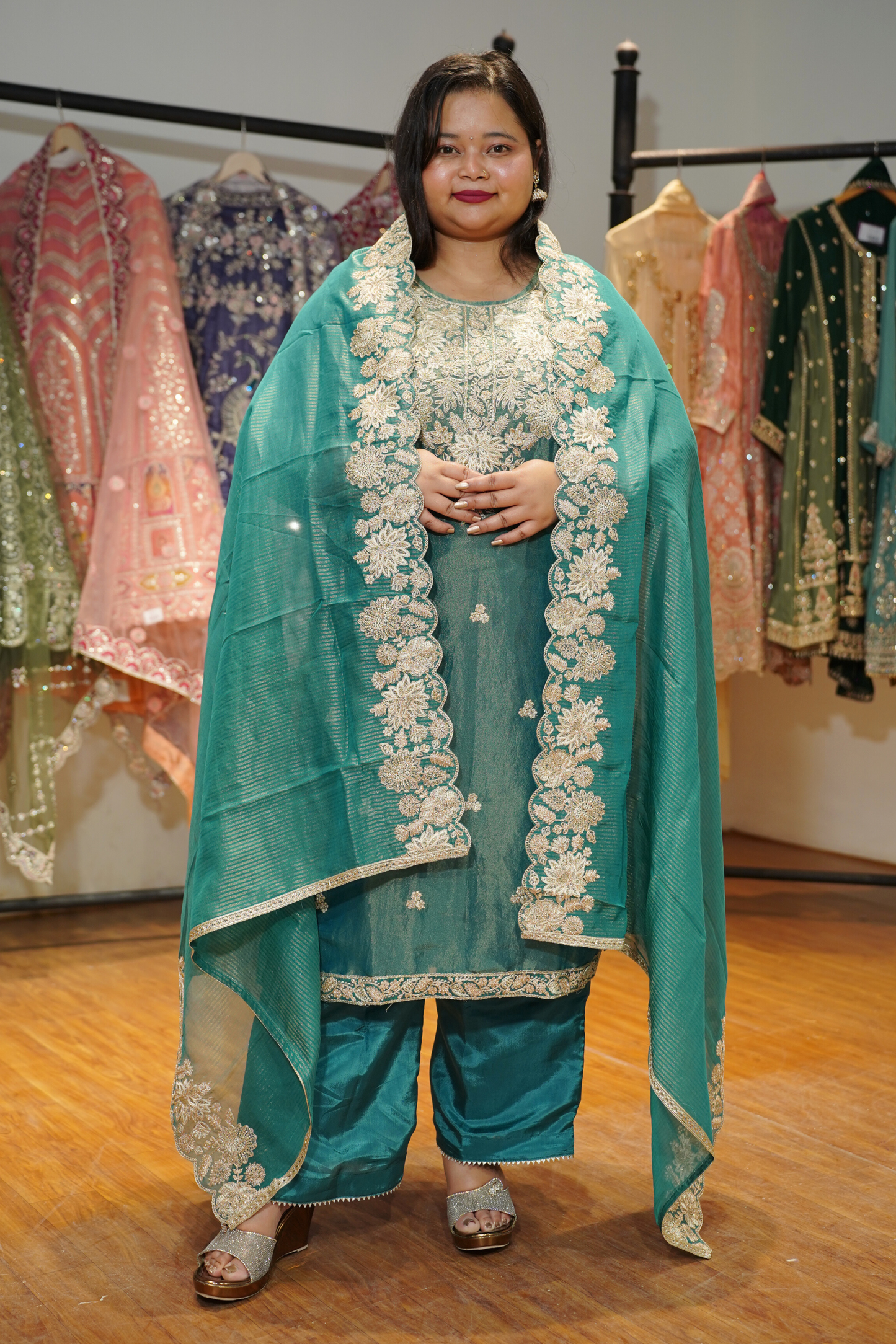 Nivisha Tissue Shimmer Suit With Zari Embroidery