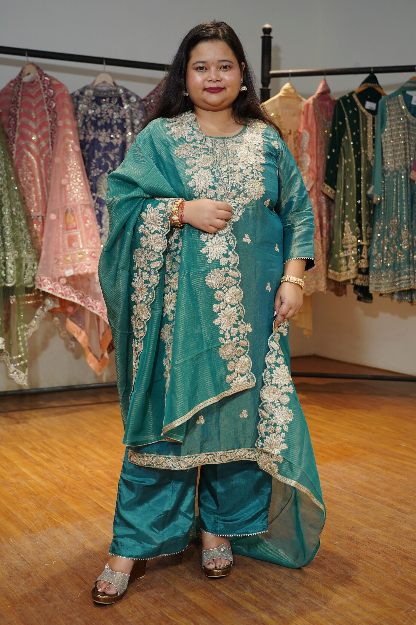 Nivisha Tissue Shimmer Suit With Zari Embroidery