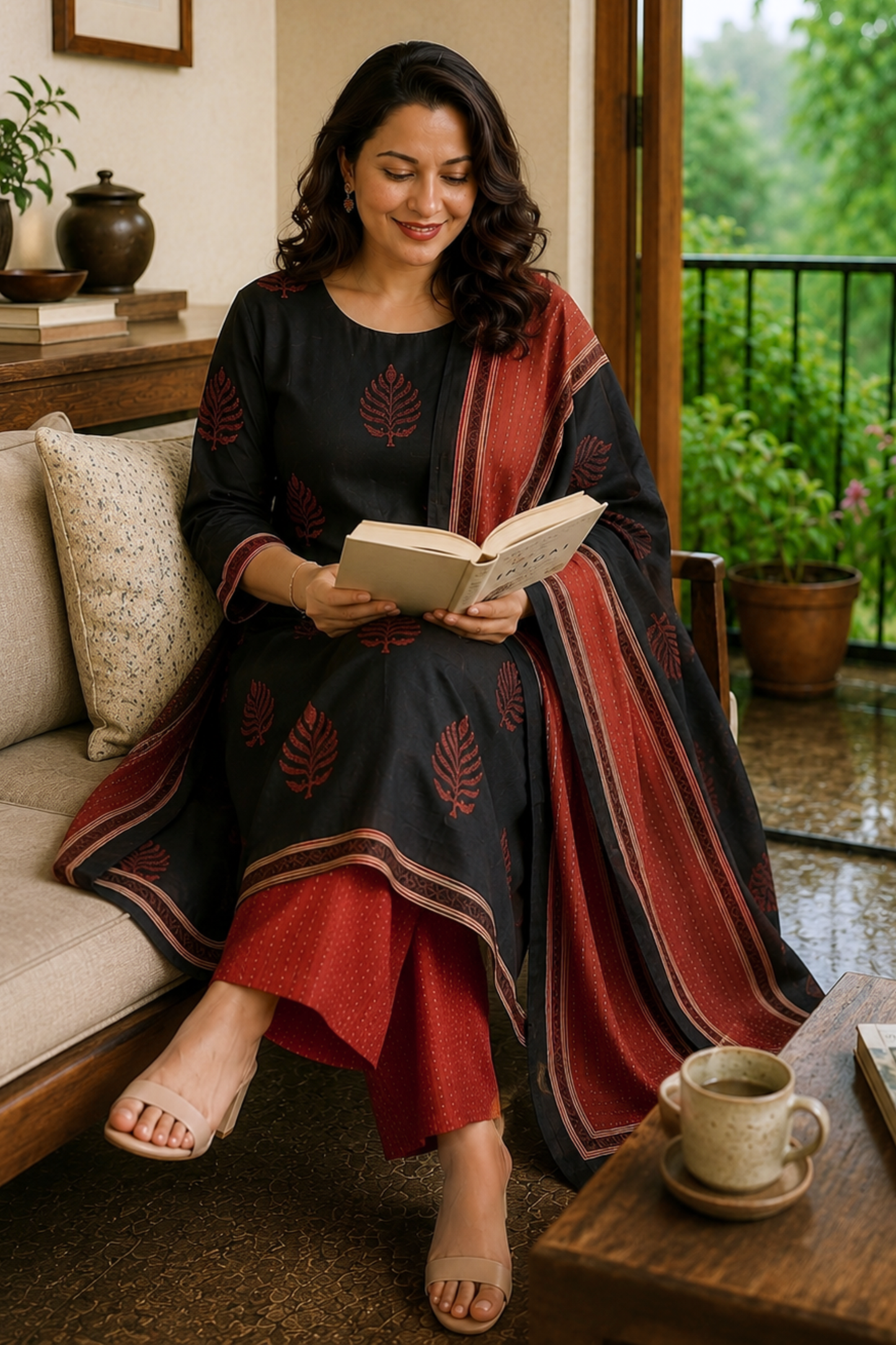 Noir Leaf Printed Cotton Suit Set