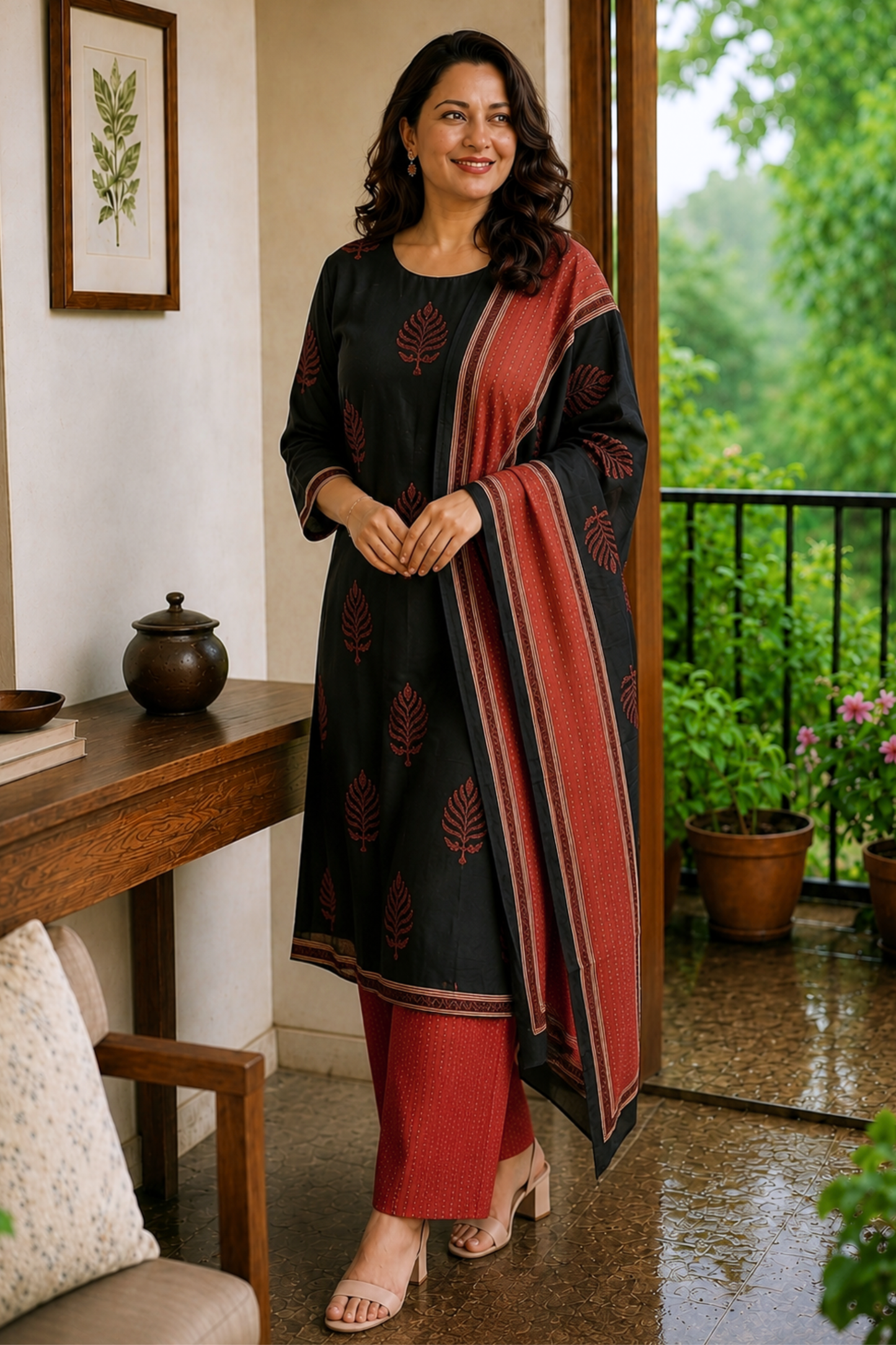 Noir Leaf Printed Cotton Suit Set