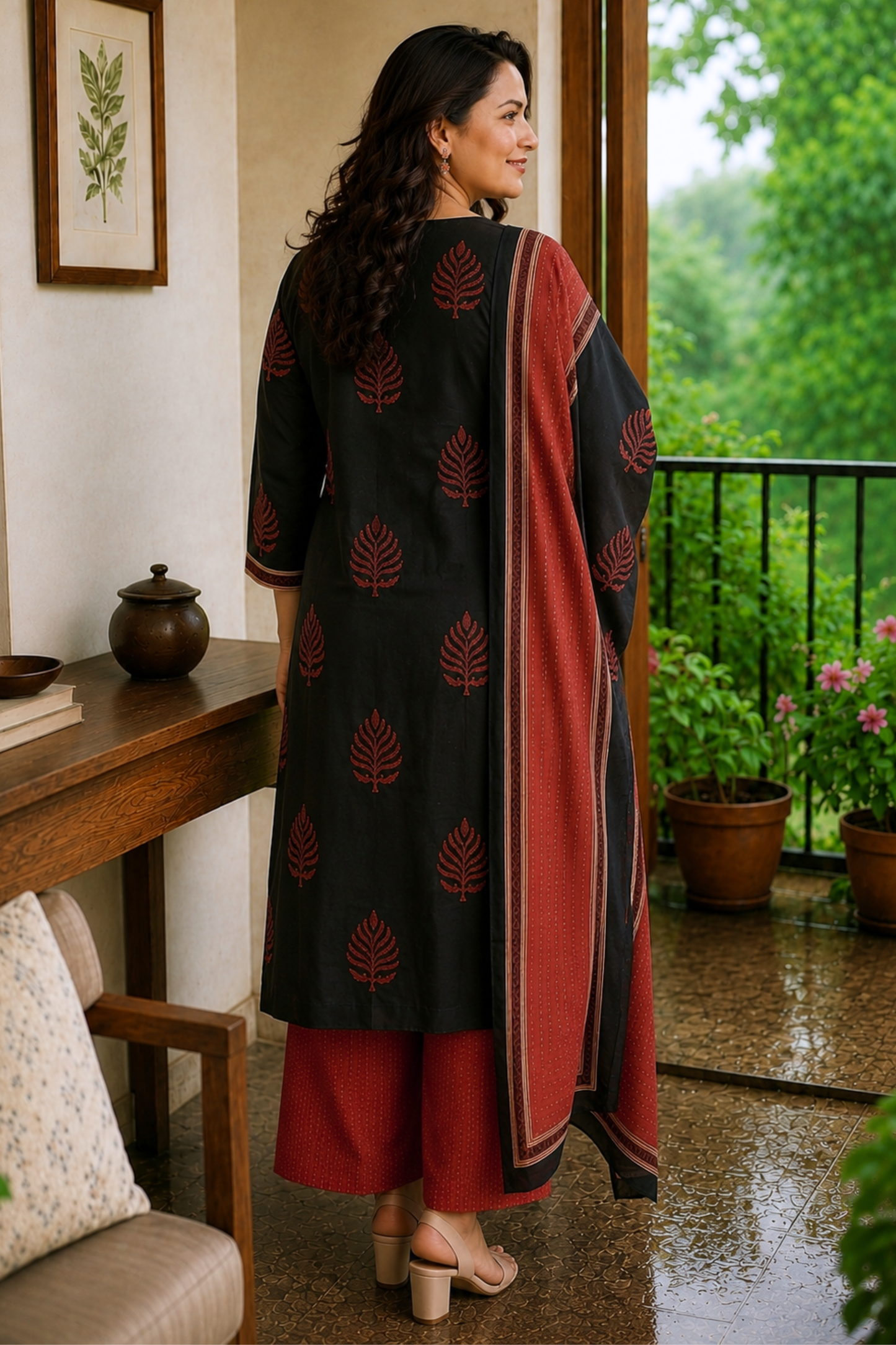 Noir Leaf Printed Cotton Suit Set