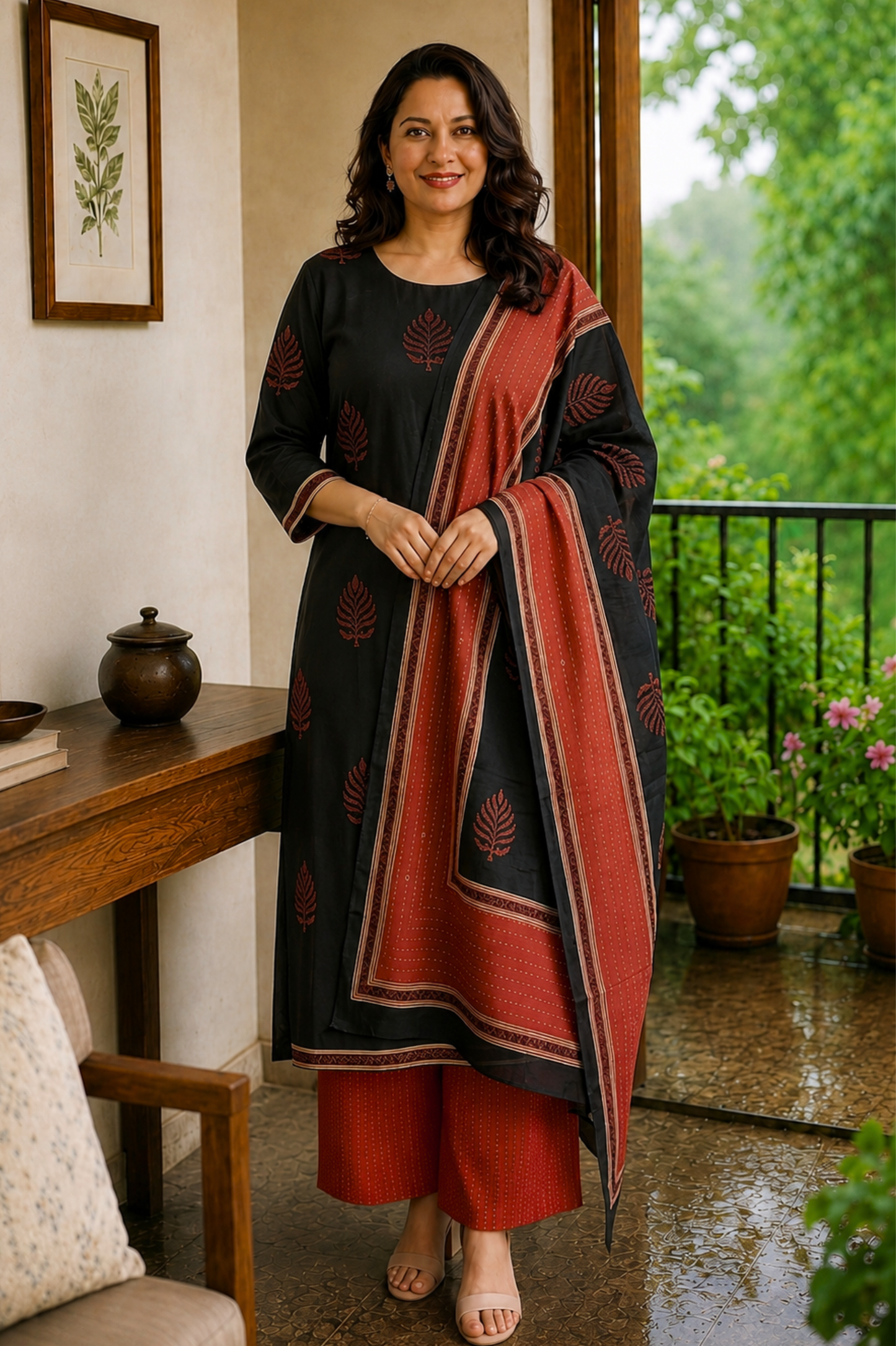 Noir Leaf Printed Cotton Suit Set