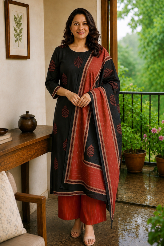 Noir Leaf Printed Cotton Suit Set