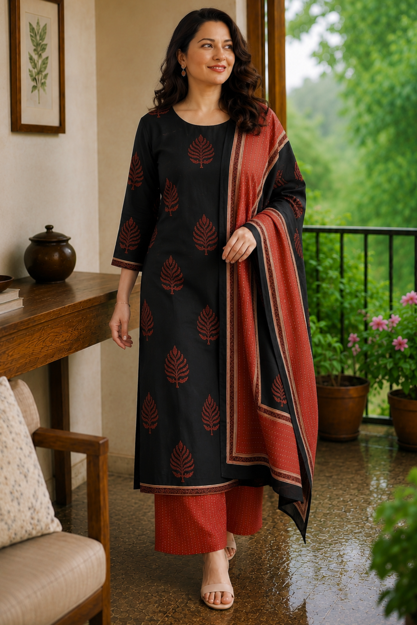 Noir Leaf Printed Cotton Suit Set