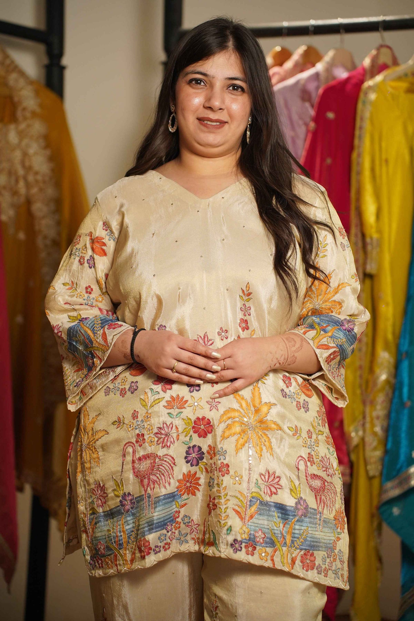 Baiza Beige Tissue Co-ord Set With Placement Work