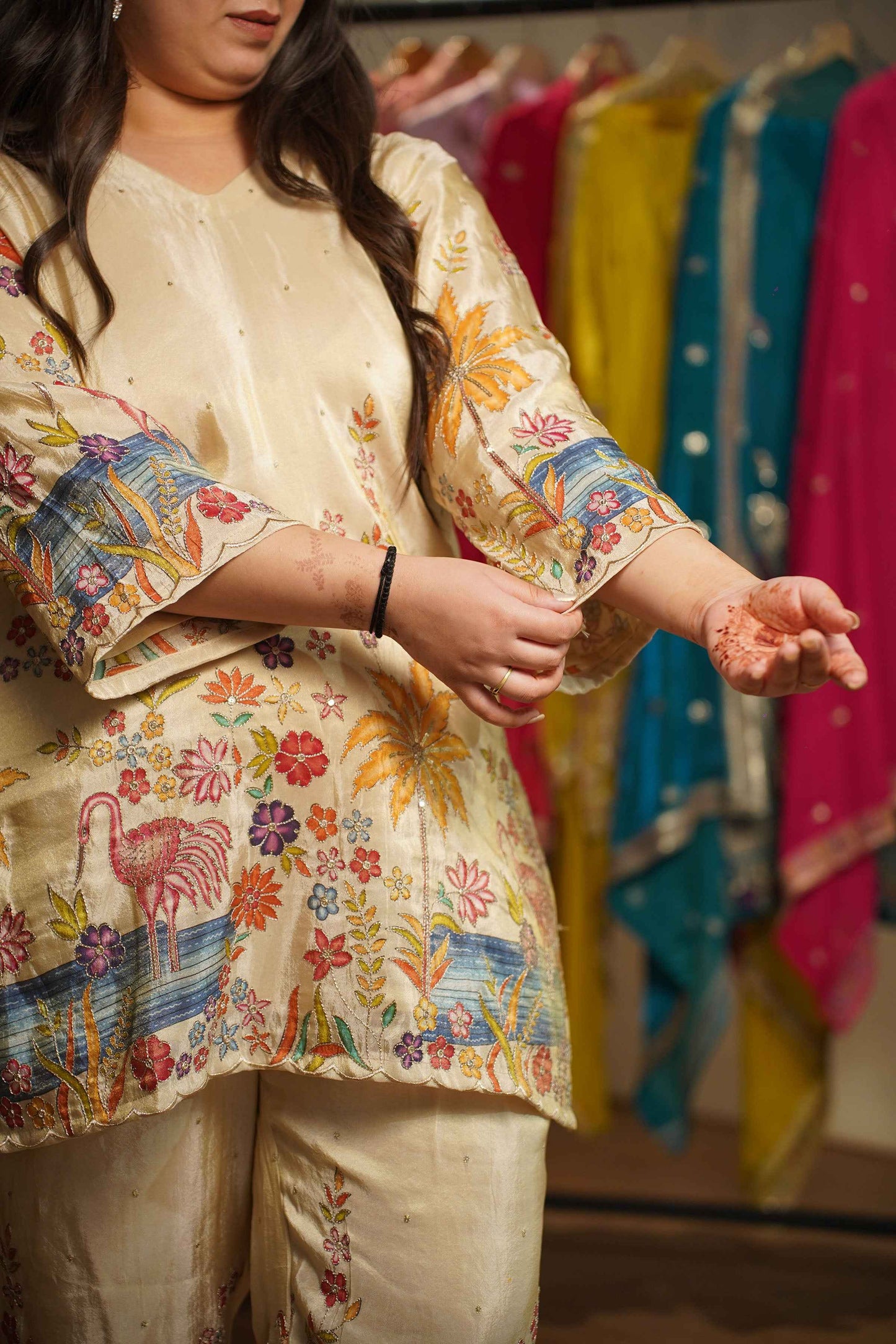 Baiza Beige Tissue Co-ord Set With Placement Work