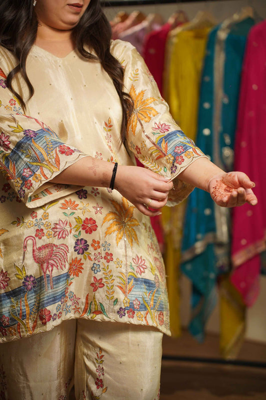 Baiza Beige Tissue Co-ord Set With Placement Work