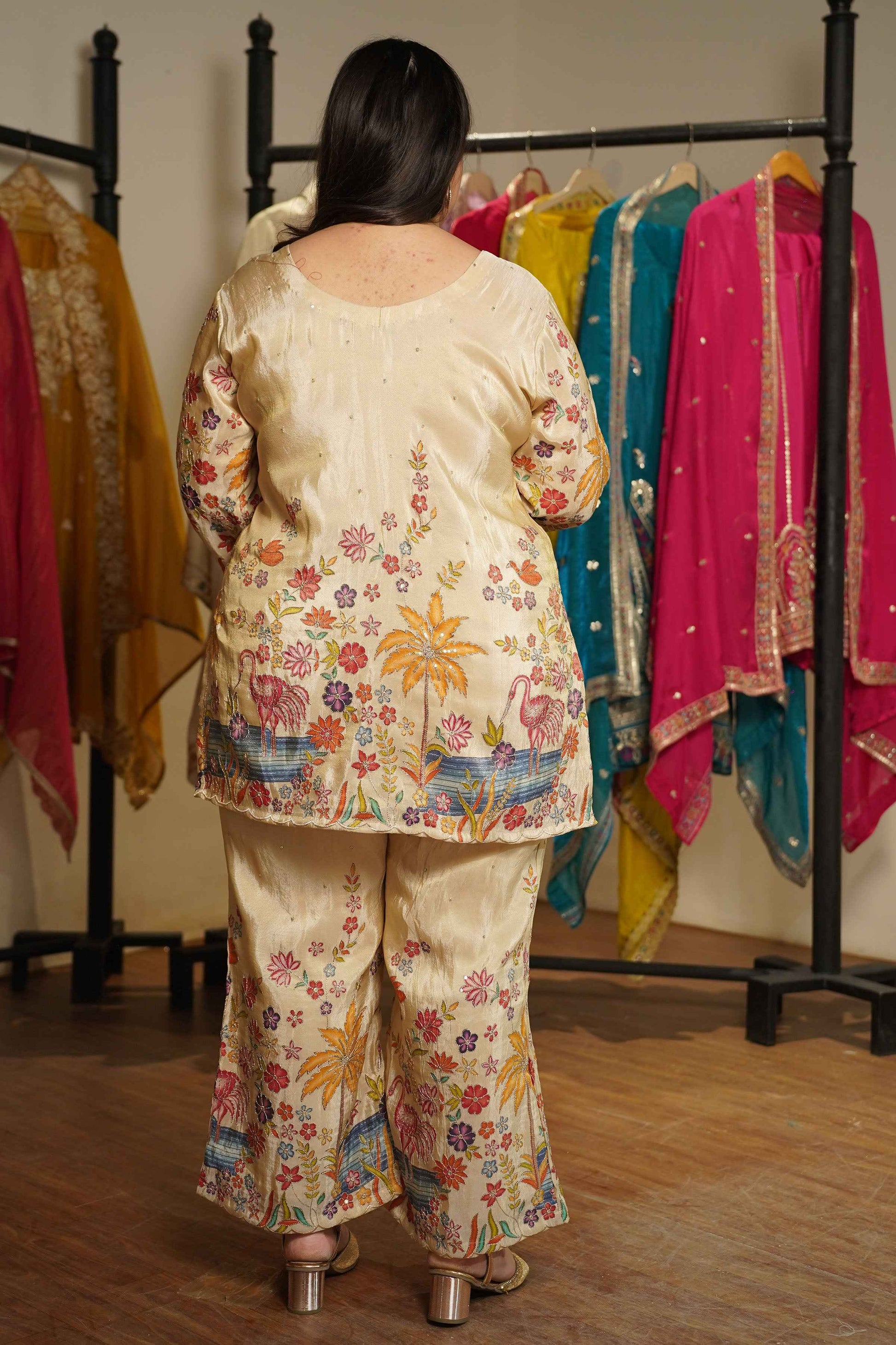 Baiza Beige Tissue Co-ord Set With Placement Work