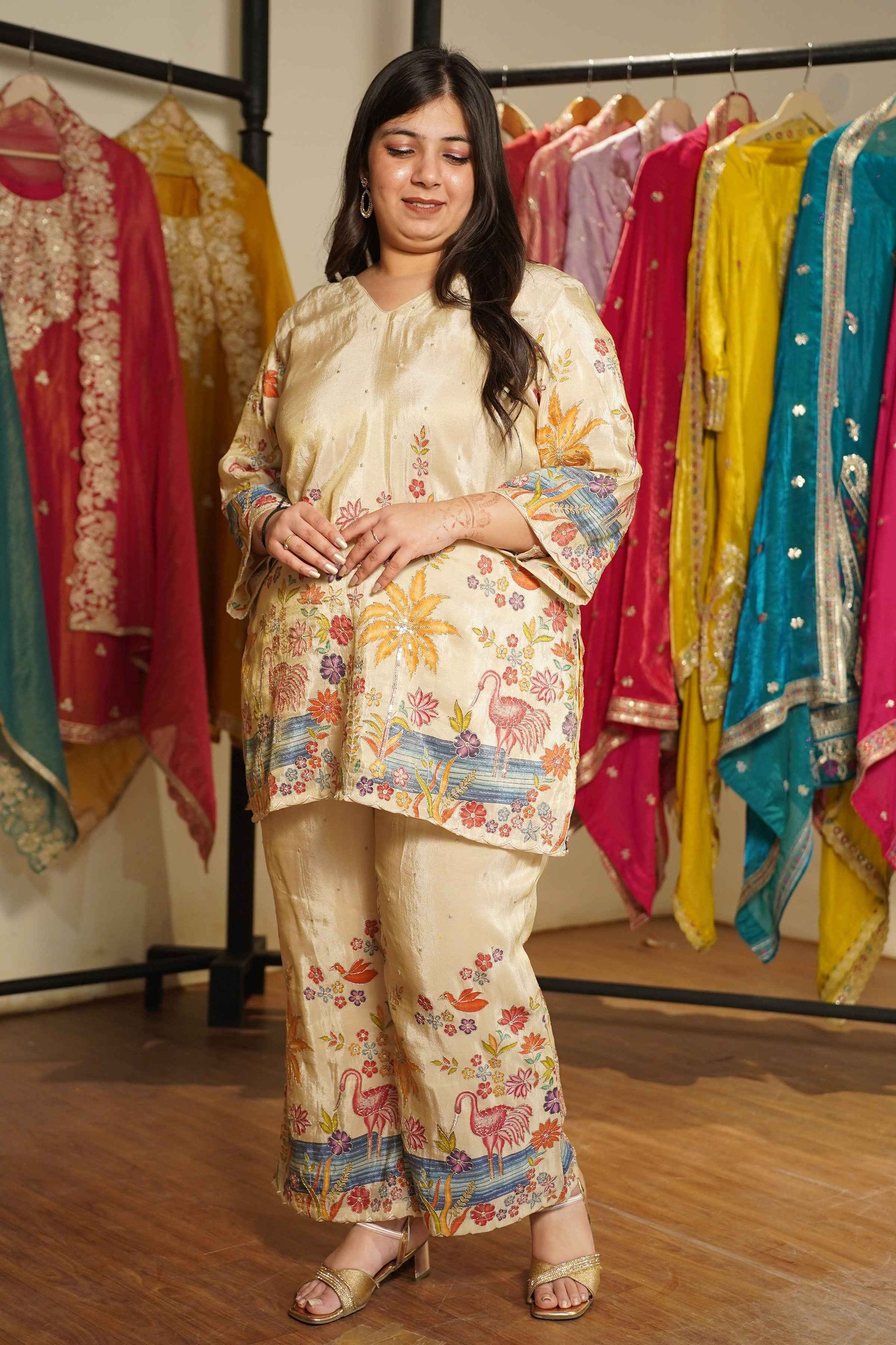 Baiza Beige Tissue Co-ord Set With Placement Work