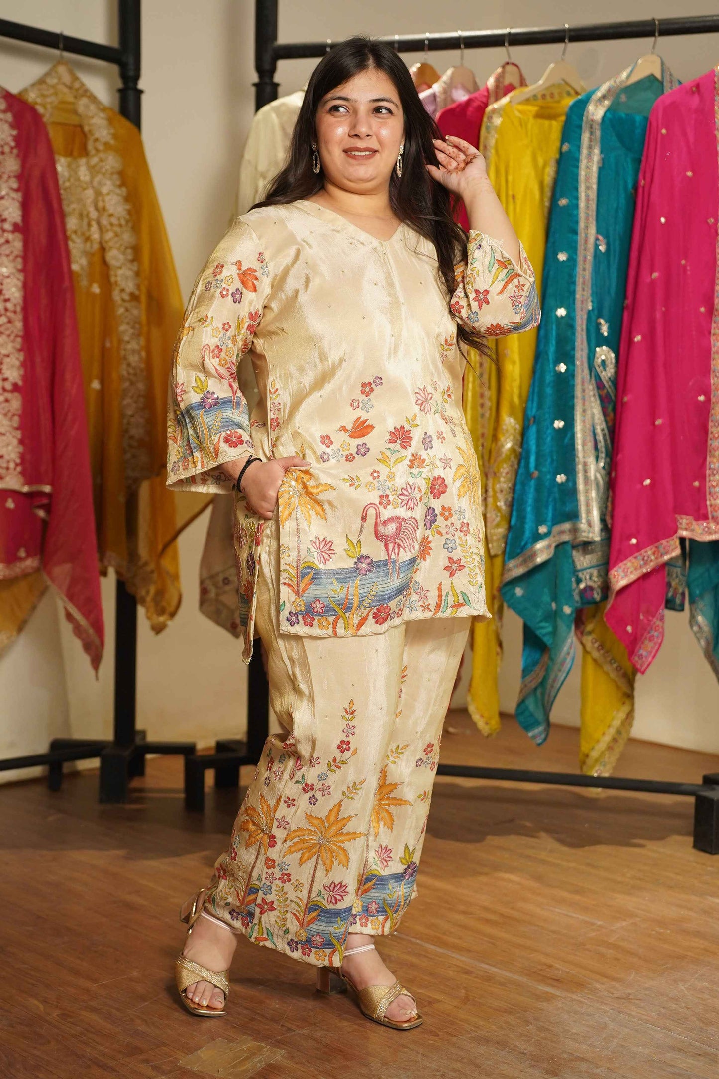 Baiza Beige Tissue Co-ord Set With Placement Work