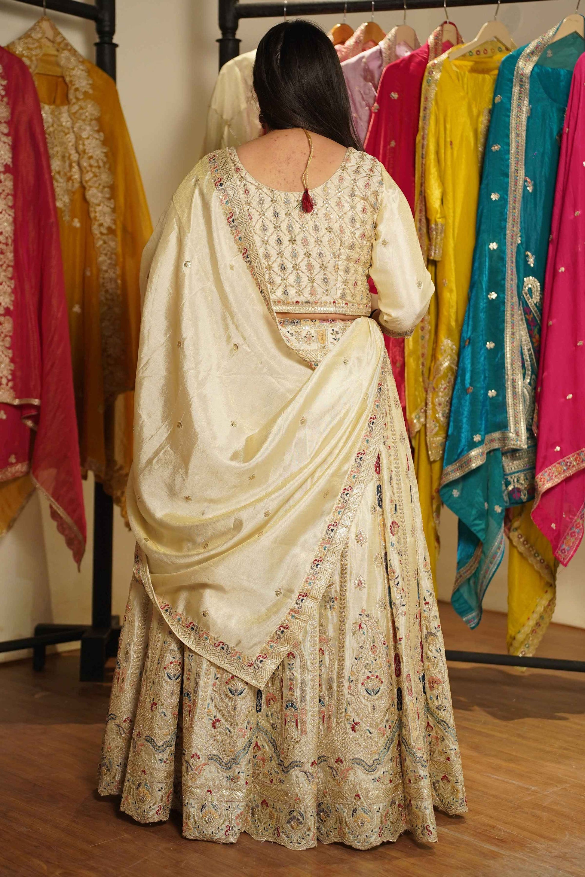 Zareen Ivory Tissue Lehenga With Zari Embroidery