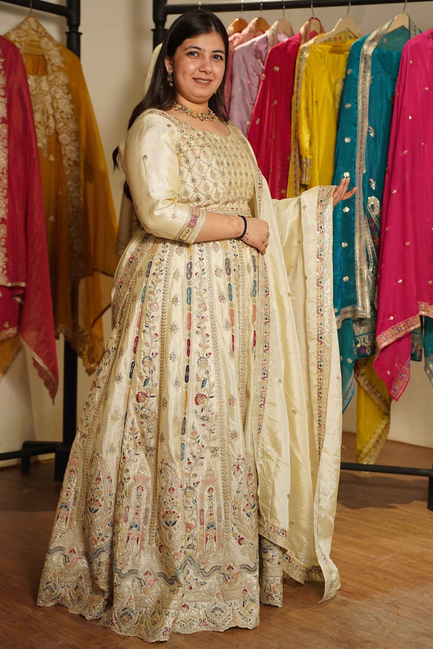 Zareen Ivory Tissue Lehenga With Zari Embroidery